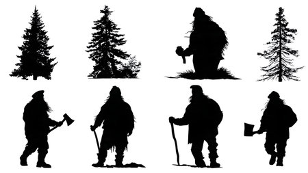 Lumberjack Santa Claus with Axe Silhouette Pack isolated on plain white background.のイラスト素材