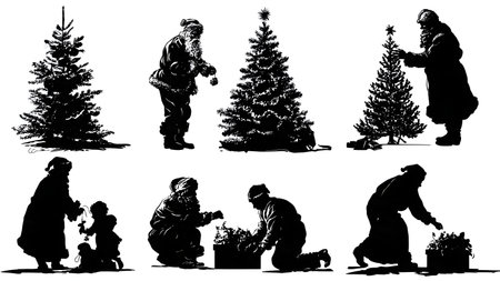 Santa Claus and Christmas Tree Interaction Silhouettes isolated on plain white background.のイラスト素材