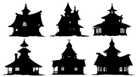 Santa's Workshop Exterior Silhouette Collection isolated on plain white background.のイラスト素材