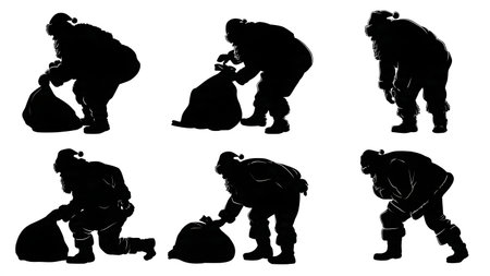 Santa Claus Bending Over and Picking Up Silhouettes isolated on plain white background.のイラスト素材