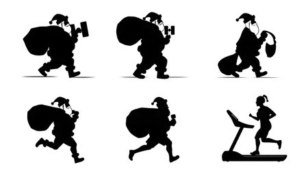 Santa Claus Working Out at the Gym Silhouette Set isolated on plain white background.のイラスト素材