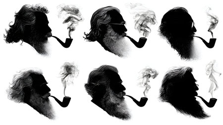 Vintage Santa Claus Smoking Pipe Profile Silhouettes isolated on plain white background.のイラスト素材