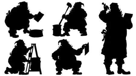 Magical Santa Claus Silhouette Action Pack isolated on plain white background.のイラスト素材