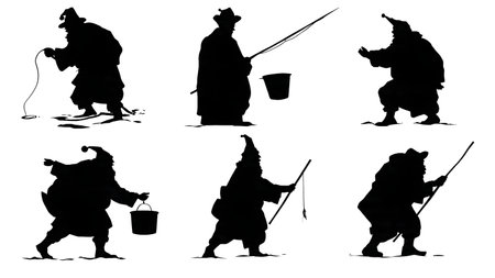 Santa Claus Fishing Silhouette Hobby Collection isolated on plain white background.のイラスト素材