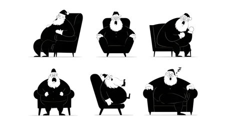Resting and Sleeping Santa Claus Silhouette Pack isolated on plain white background.のイラスト素材