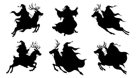 Santa Claus Riding a Single Reindeer Silhouette Pack isolated on plain white background.のイラスト素材
