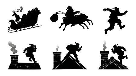 Narrative of Santa's Christmas Visit Silhouette Set isolated on plain white background.のイラスト素材