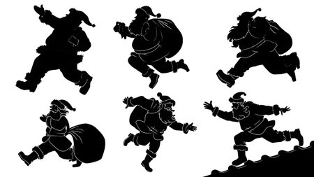 Dynamic Motion Santa Claus Silhouette Vector Pack isolated on plain white background.のイラスト素材