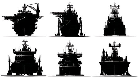 Booster Recovery Ship and Droneship Silhouette Icon Pack isolated on plain white background.のイラスト素材