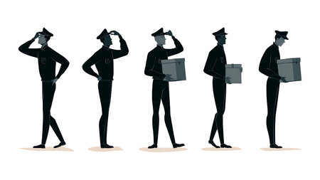 Delivery Man Adjusting Cap with Box Silhouette Set of Six isolated on plain white background.のイラスト素材