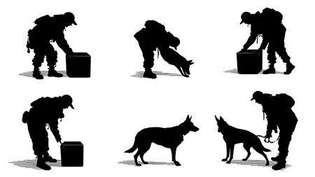 Bomb-Sniffing K9 Dog and Handler Silhouette Set isolated on plain white background.のイラスト素材