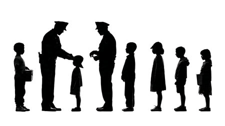 Police Officer Fingerprinting Child for Safety ID Silhouettes isolated on plain white background.のイラスト素材