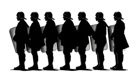 Police Crowd Control Formation and Barrier Silhouettes isolated on plain white background.のイラスト素材
