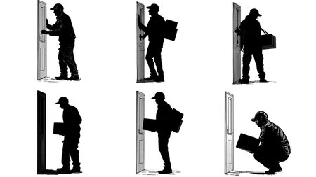 Delivery Man at Door with Package Silhouette Vector Pack isolated on plain white background.のイラスト素材