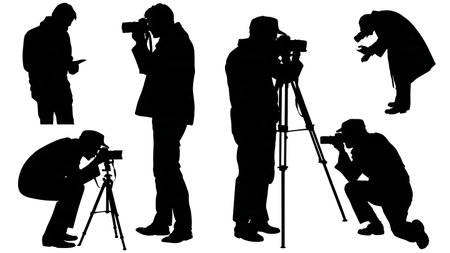 Crime Scene Photographer Documenting Evidence Silhouettes isolated on plain white background.のイラスト素材