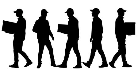 Delivery Man in Cap with Packages Silhouette Vector Set isolated on plain white background.のイラスト素材