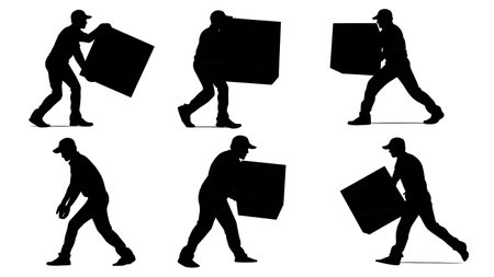 Silhouettes of Delivery Man Lifting a Heavy Box isolated on plain white background.のイラスト素材