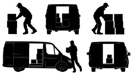 Silhouette of Delivery Man with a Full Van of Boxes isolated on plain white background.のイラスト素材