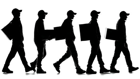 Delivery Man Walking Forward and Looking Back Silhouettes isolated on plain white background.