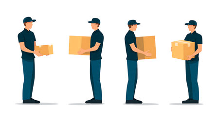 Delivery Man Offering Choice of Two Boxes Silhouettes isolated on plain white background.のイラスト素材