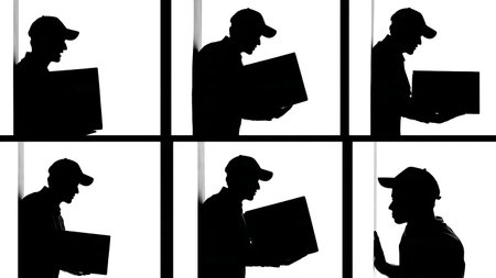 Delivery Man Peeking Around Corner with Box Silhouettes isolated on plain white background.