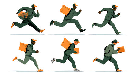 Express Delivery Man Running with Package Silhouettes Set isolated on plain white background.のイラスト素材
