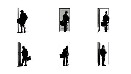 Delivery Man in Doorway with Box Silhouette Vector Pack isolated on plain white background.のイラスト素材