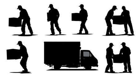 Silhouettes of Delivery Man Sliding a Box isolated on plain white background.のイラスト素材