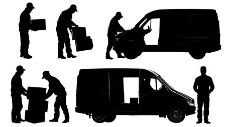 Delivery Man with Van and Boxes Black Silhouettes isolated on plain white background.のイラスト素材