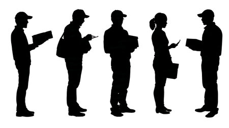 Delivery Man and Customer with Package Silhouette Interaction isolated on plain white background.