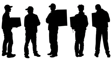 Delivery Man Hiding Package Behind Back Silhouette Pack isolated on plain white background.のイラスト素材