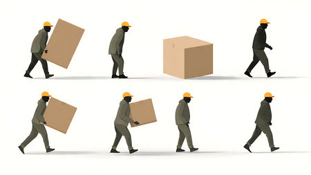 Silhouettes of Delivery Man Pushing a Large Box isolated on plain white background.のイラスト素材