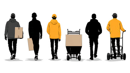 Rear View Delivery Man with Box Silhouette Set of Six isolated on plain white background.のイラスト素材