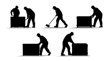 Delivery Worker Opening Crate with Crowbar Silhouettes isolated on plain white background.のイラスト素材