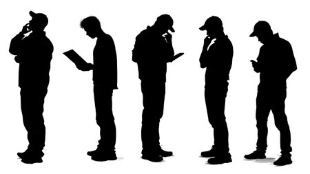 Confused Delivery Man with Box and Clipboard Silhouettes isolated on plain white background.のイラスト素材