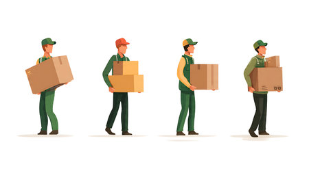Silhouettes of Delivery Man Holding Various Sized Boxes isolated on plain white background.のイラスト素材