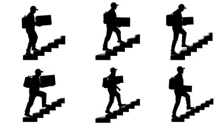 Silhouettes of Delivery Man on Stairs with Package isolated on plain white background.のイラスト素材
