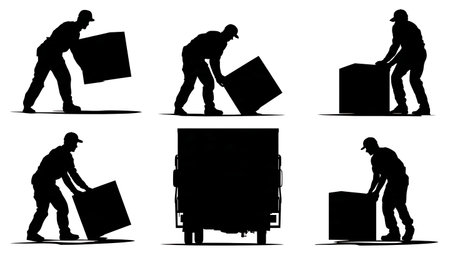 Silhouettes of Delivery Man Sliding a Box isolated on plain white background.のイラスト素材