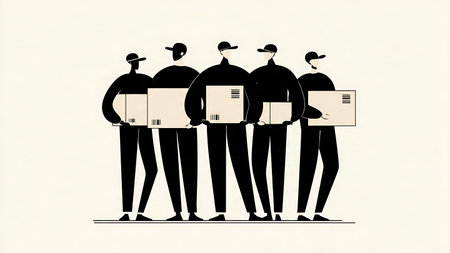 Team of Delivery Men with Packages Silhouette Vector Set isolated on plain white background.のイラスト素材