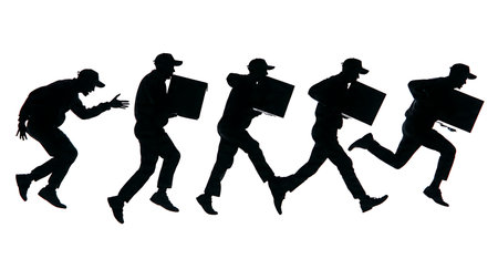 Worm's-Eye View of Delivery Man with Package Silhouettes isolated on plain white background.のイラスト素材