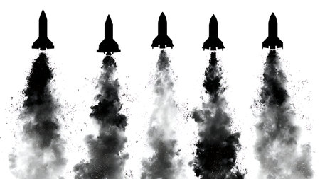 Rocket First Stage Reentry Burn Silhouette Set isolated on plain white background.