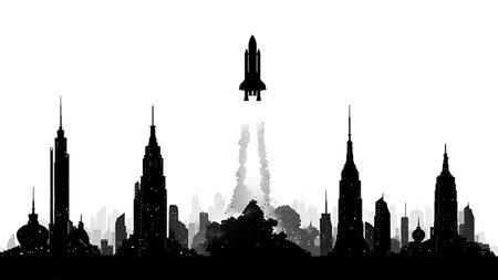 Futuristic City Spaceport Rocket Launch Silhouette Set isolated on plain white background.のイラスト素材