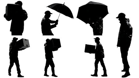 Delivery Man Shielding Package from Rain Silhouette Pack isolated on plain white background.のイラスト素材
