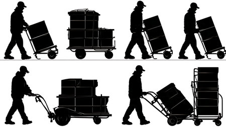 Delivery Man with Trolley of Packages Silhouette Set isolated on plain white background.のイラスト素材