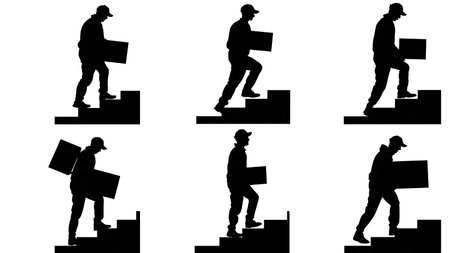 Silhouettes of Delivery Man on Stairs with Package isolated on plain white background.のイラスト素材