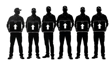Delivery Man with 'This Way Up' Box Symbol Silhouettes isolated on plain white background.