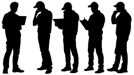 Confused Delivery Man with Box and Clipboard Silhouettes isolated on plain white background.のイラスト素材