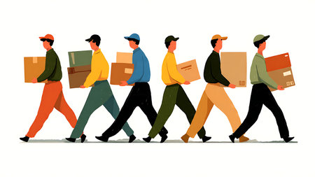 Team of Delivery Men with Packages Silhouette Vector Set isolated on plain white background.のイラスト素材