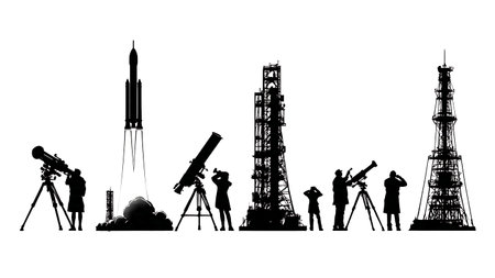 Rocket Launch View from Desert Observatory Silhouette Set isolated on plain white background.のイラスト素材