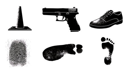 Crime Scene Evidence Markers with Objects Silhouette Set isolated on plain white background.のイラスト素材